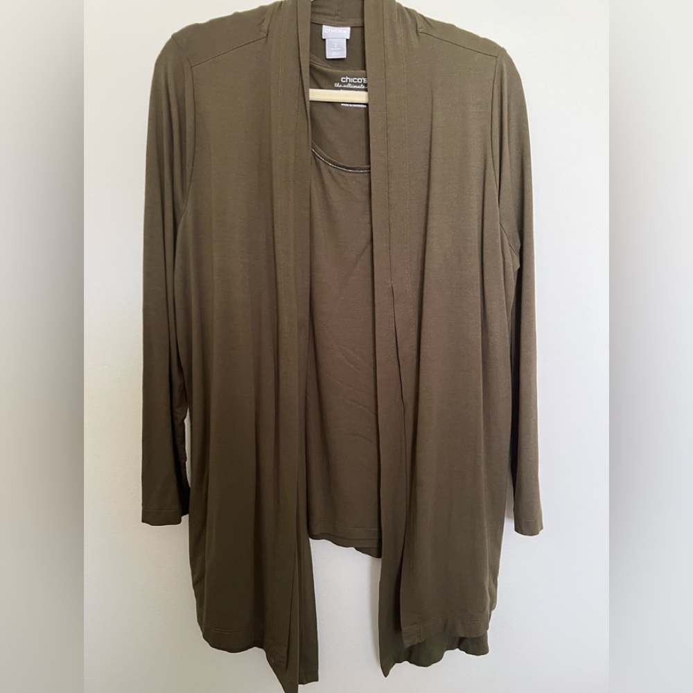 Chico’s Touch of Cool Polished Cardigan &  Caviar Trim Tank Olive 2 Large